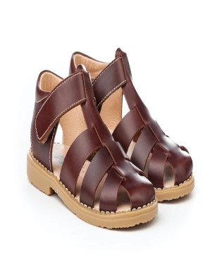 Made in Spain Classic Napa Leather Velcro Sandals Boys EU25-EU34 Brown